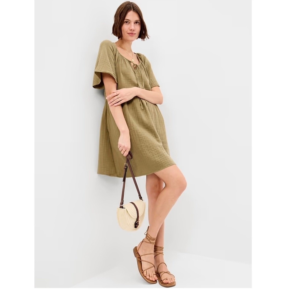 Old Navy Crinkle Gauze Flutter-Sleeve Mini Swing Dress Medium Olive Green Cotton